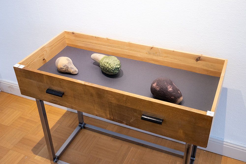 Three abstract and organic-shaped wooden sculptures exhibited in a wooden drawer on metal legs